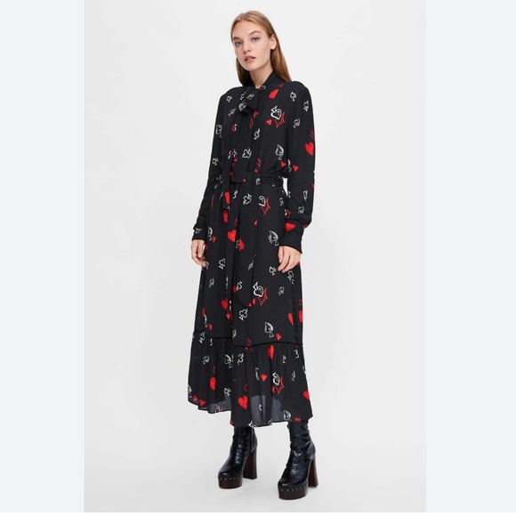Zara Maxi dress goth Flowy Tie front Hearts Whimsical Novelty print XS Oversized - Picture 6 of 16